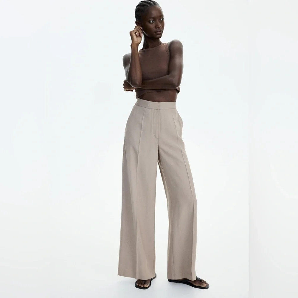 H&M tan linen-blend wide leg pant